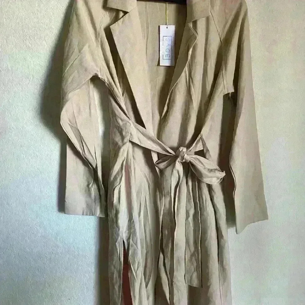 Sage Beige Trench Coat - Lightweight Longline Women's Trench - Picture 9 of 9